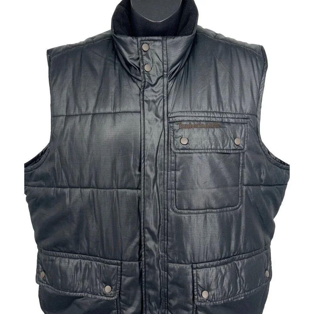 Timberland Men Blue Quilt Puffer Vest Medium Snap Button Pockets Sleeveless EUC - Picture 2 of 10